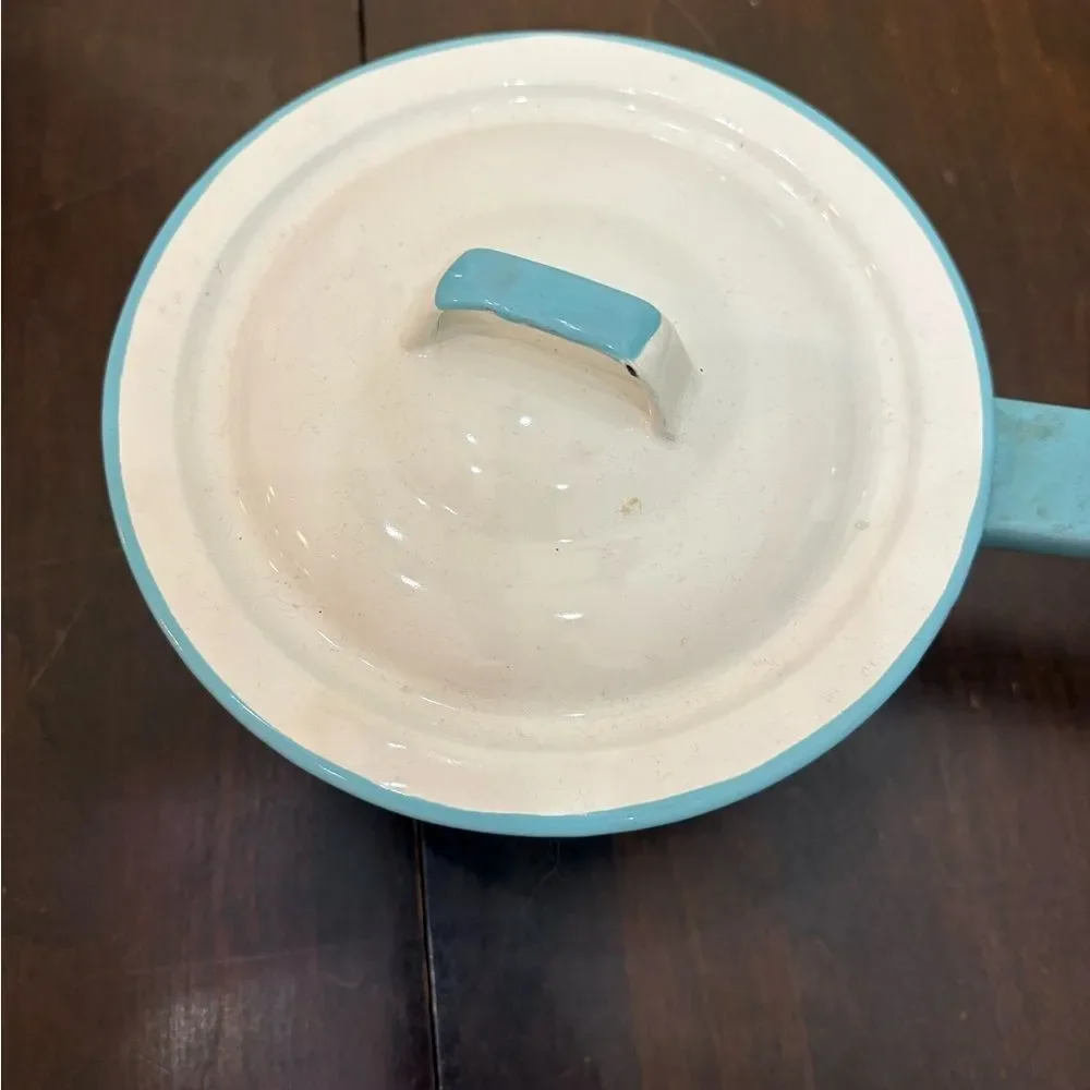 White and Light Blue Enamel Saucepan with Lid